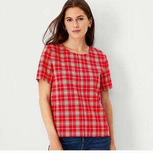Ann Taylor Plaid Knit Top Red Size M Short Sleeve
